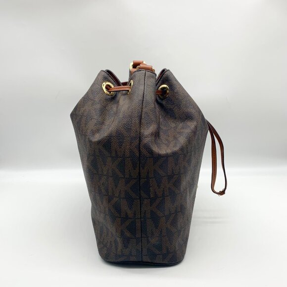 Michael Kors Dark Brown Signature Coated Canvas Jules Drawstring Shoulder Bag - Picture 4 of 11